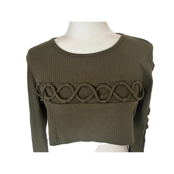 NWT MISSGUIDED Top Size 10 Khaki Green Ribbed Knit Crop Top Cross Lace Detail - Picture 2 of 8